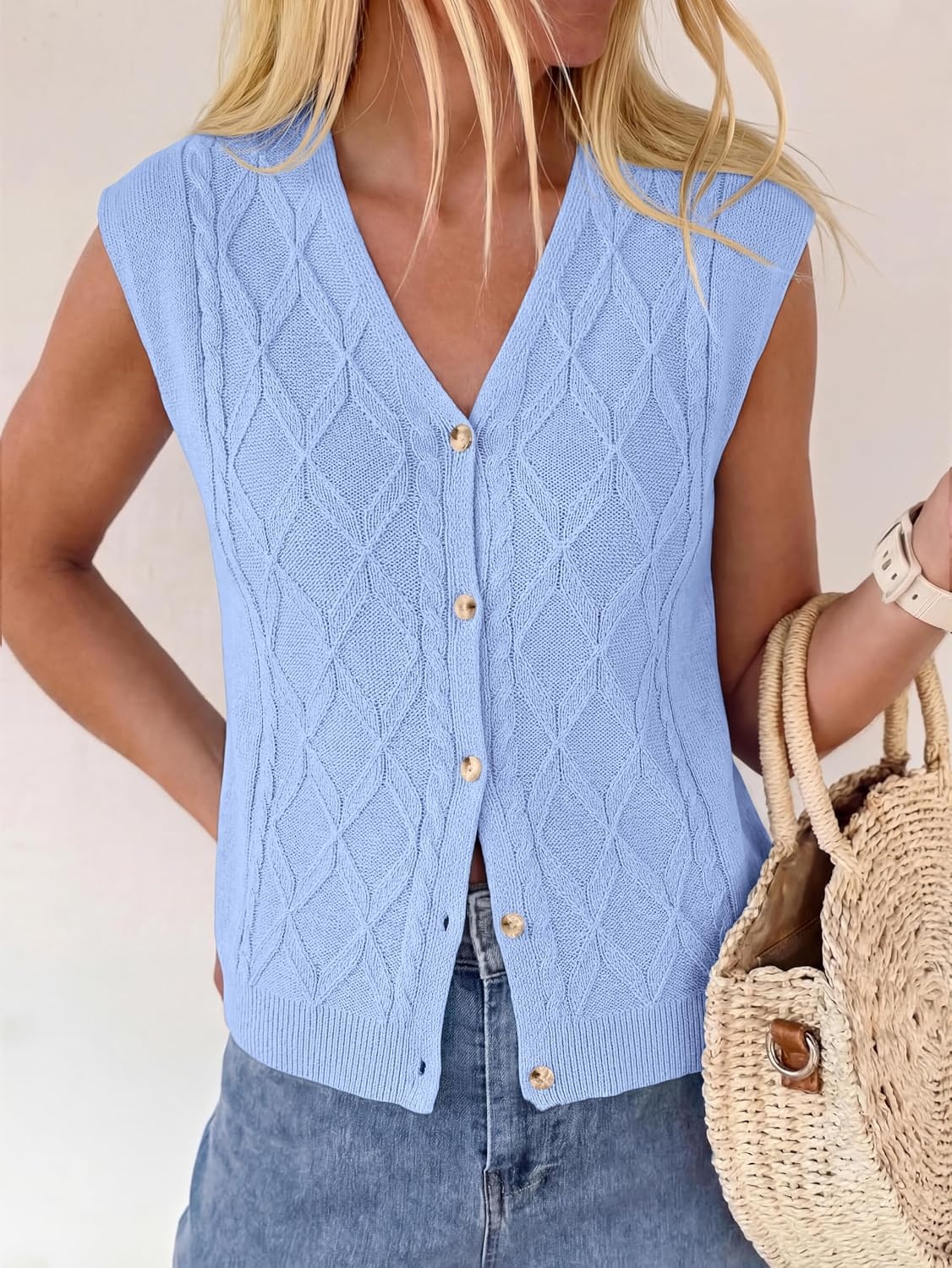 image:imageBTFBM Vest Tops for Women Summer V Neck Button Loose Lightweight Cardigan Knit Cap Sleeve Sweater Vests Fashion ClothingLight Blue