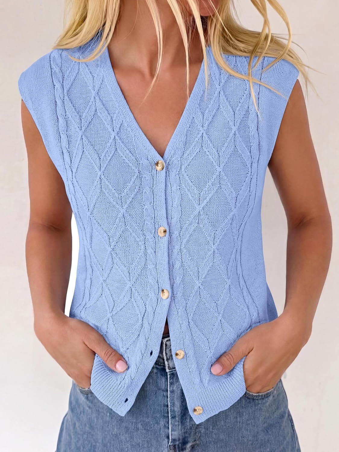 image:imageBTFBM Vest Tops for Women Summer V Neck Button Loose Lightweight Cardigan Knit Cap Sleeve Sweater Vests Fashion ClothingLight Blue
