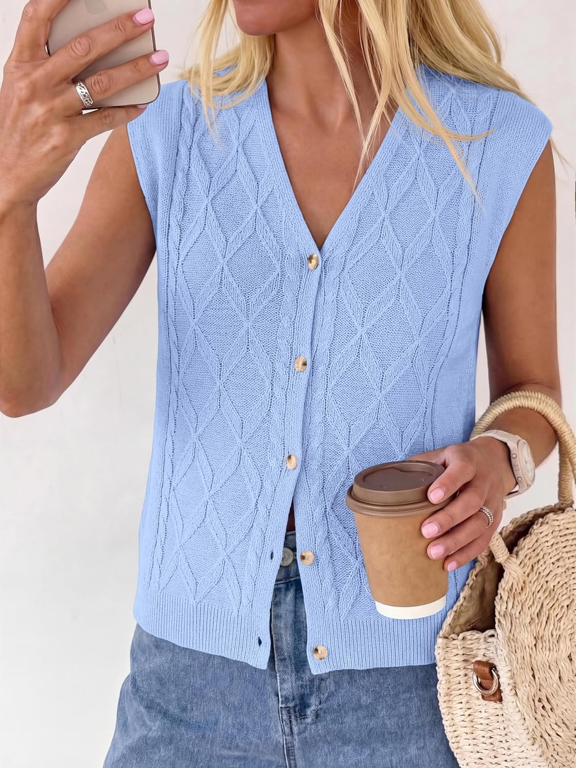image:imageBTFBM Vest Tops for Women Summer V Neck Button Loose Lightweight Cardigan Knit Cap Sleeve Sweater Vests Fashion ClothingLight Blue