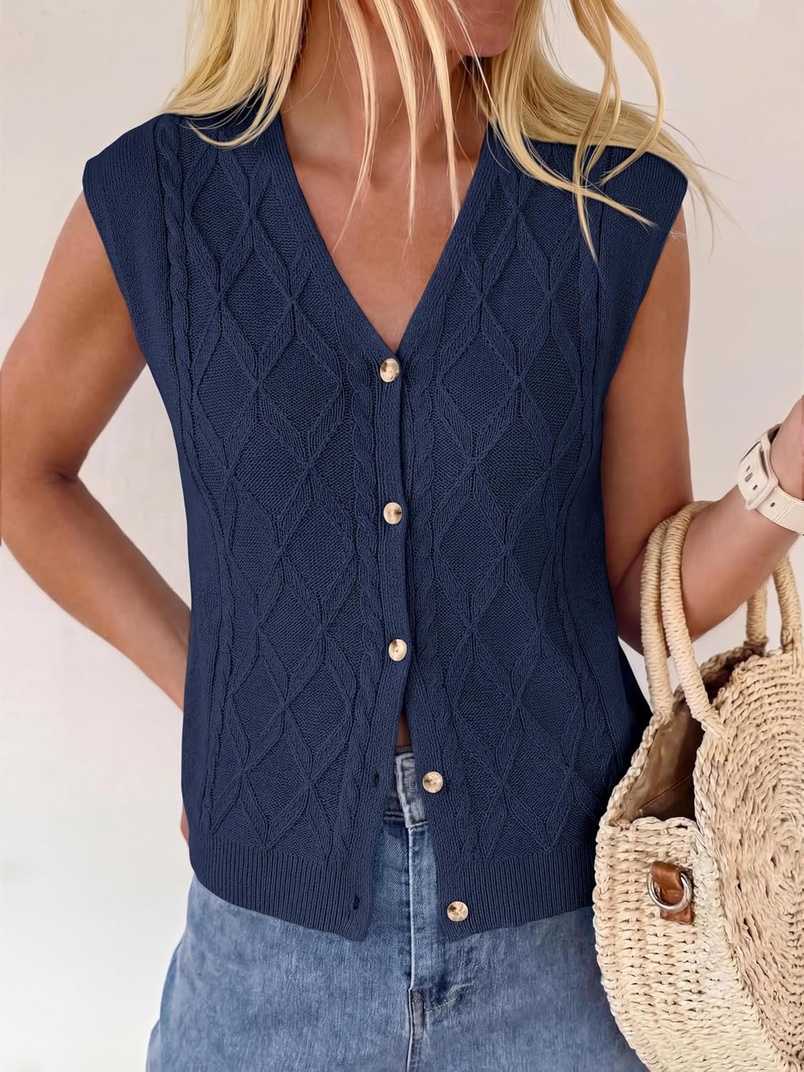image:imageBTFBM Vest Tops for Women Summer V Neck Button Loose Lightweight Cardigan Knit Cap Sleeve Sweater Vests Fashion ClothingNavy Blue