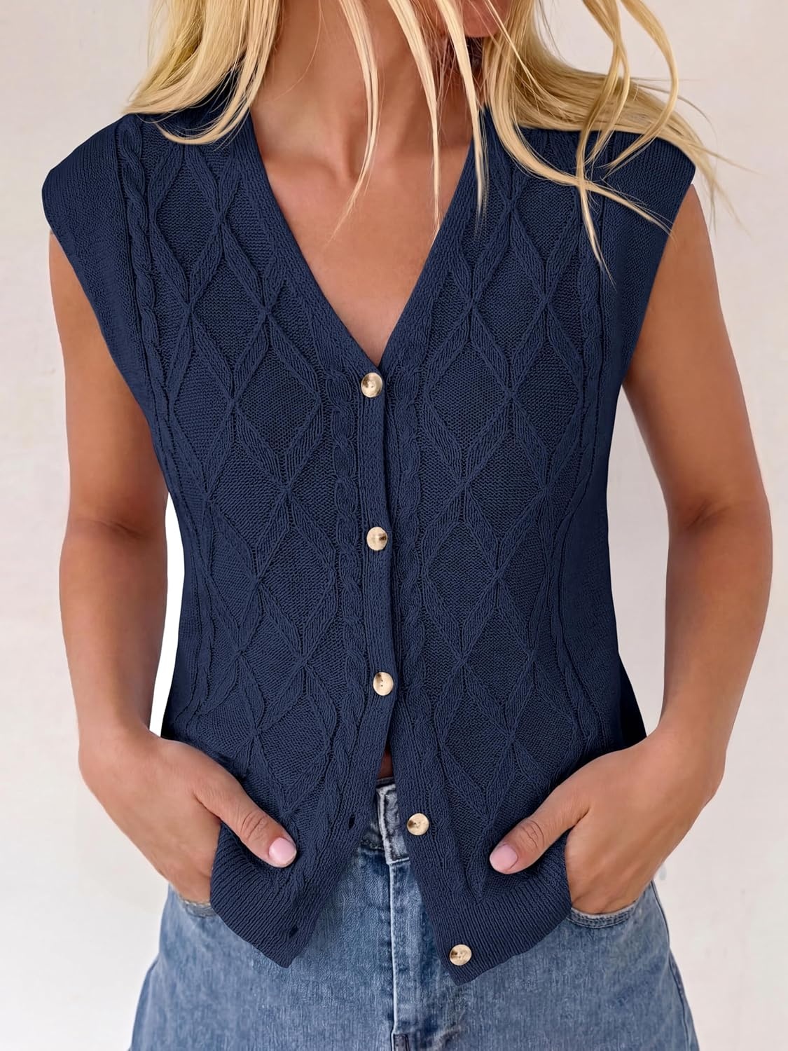 image:imageBTFBM Vest Tops for Women Summer V Neck Button Loose Lightweight Cardigan Knit Cap Sleeve Sweater Vests Fashion ClothingNavy Blue