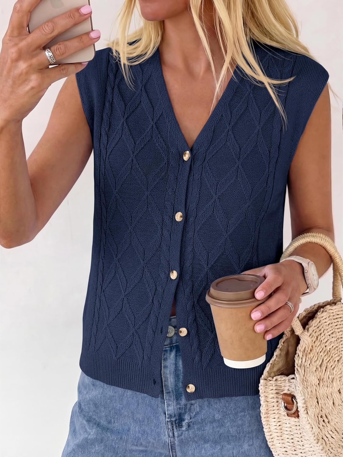 image:imageBTFBM Vest Tops for Women Summer V Neck Button Loose Lightweight Cardigan Knit Cap Sleeve Sweater Vests Fashion ClothingNavy Blue