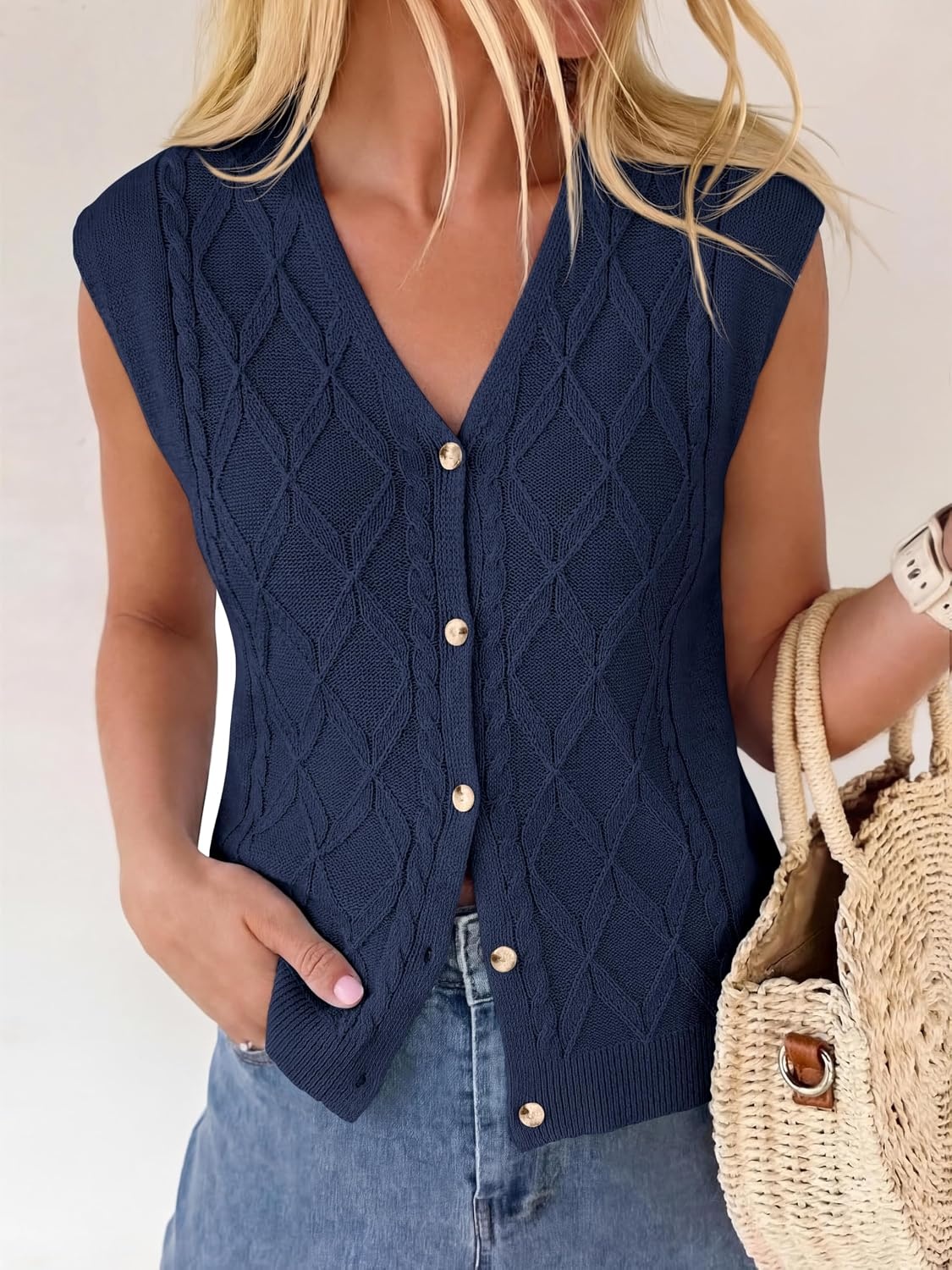 image:imageBTFBM Vest Tops for Women Summer V Neck Button Loose Lightweight Cardigan Knit Cap Sleeve Sweater Vests Fashion ClothingNavy Blue