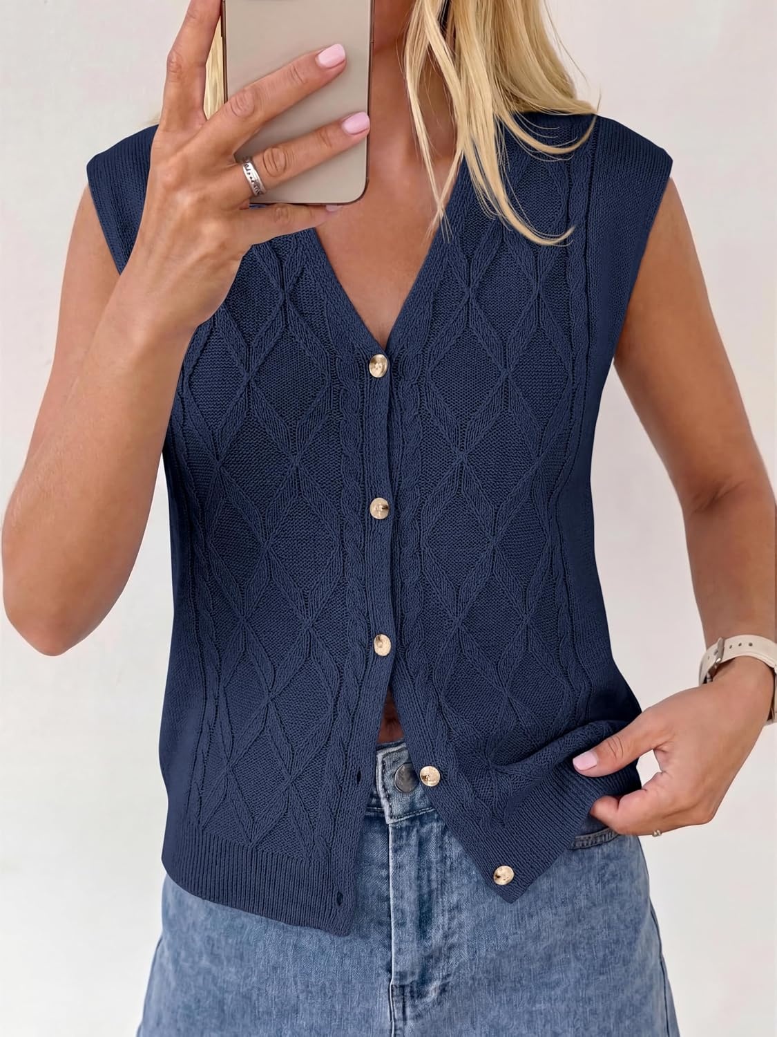 image:imageBTFBM Vest Tops for Women Summer V Neck Button Loose Lightweight Cardigan Knit Cap Sleeve Sweater Vests Fashion ClothingNavy Blue