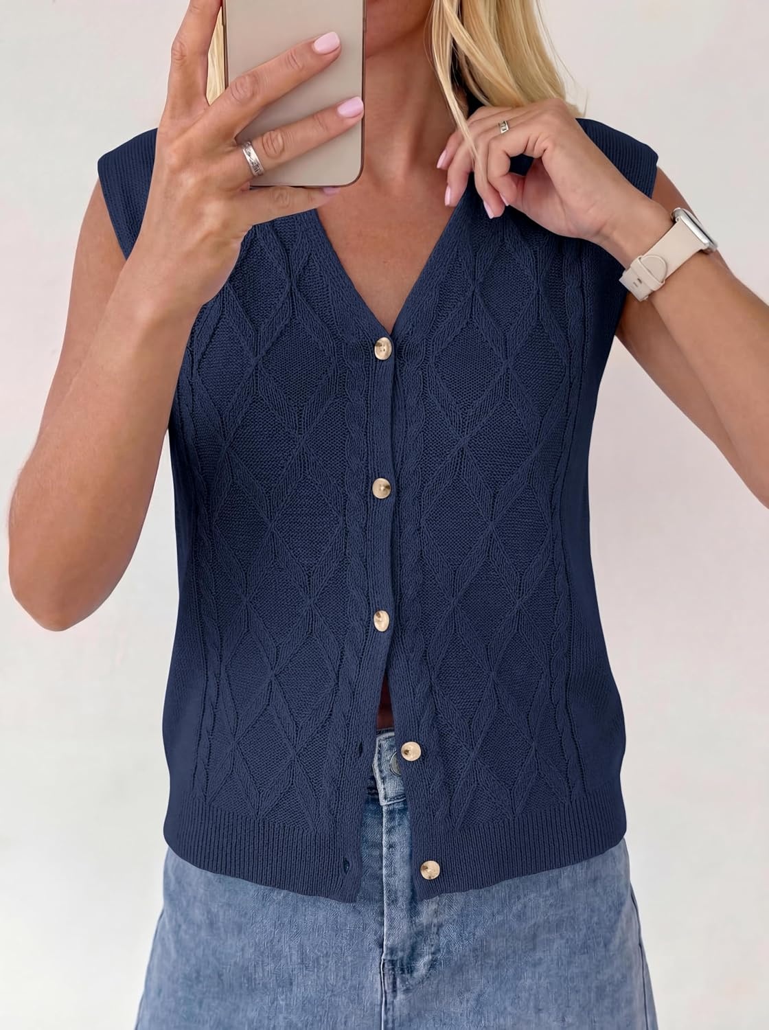 image:imageBTFBM Vest Tops for Women Summer V Neck Button Loose Lightweight Cardigan Knit Cap Sleeve Sweater Vests Fashion ClothingNavy Blue