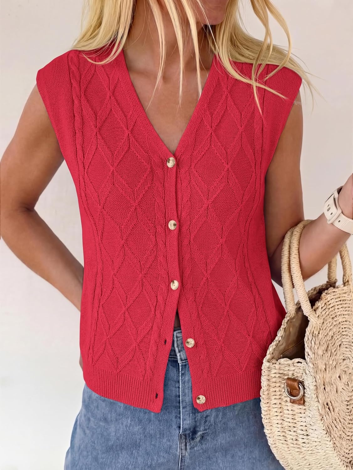 image:imageBTFBM Vest Tops for Women Summer V Neck Button Loose Lightweight Cardigan Knit Cap Sleeve Sweater Vests Fashion ClothingRed