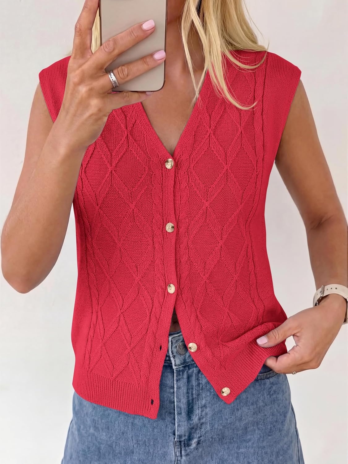 image:imageBTFBM Vest Tops for Women Summer V Neck Button Loose Lightweight Cardigan Knit Cap Sleeve Sweater Vests Fashion ClothingRed