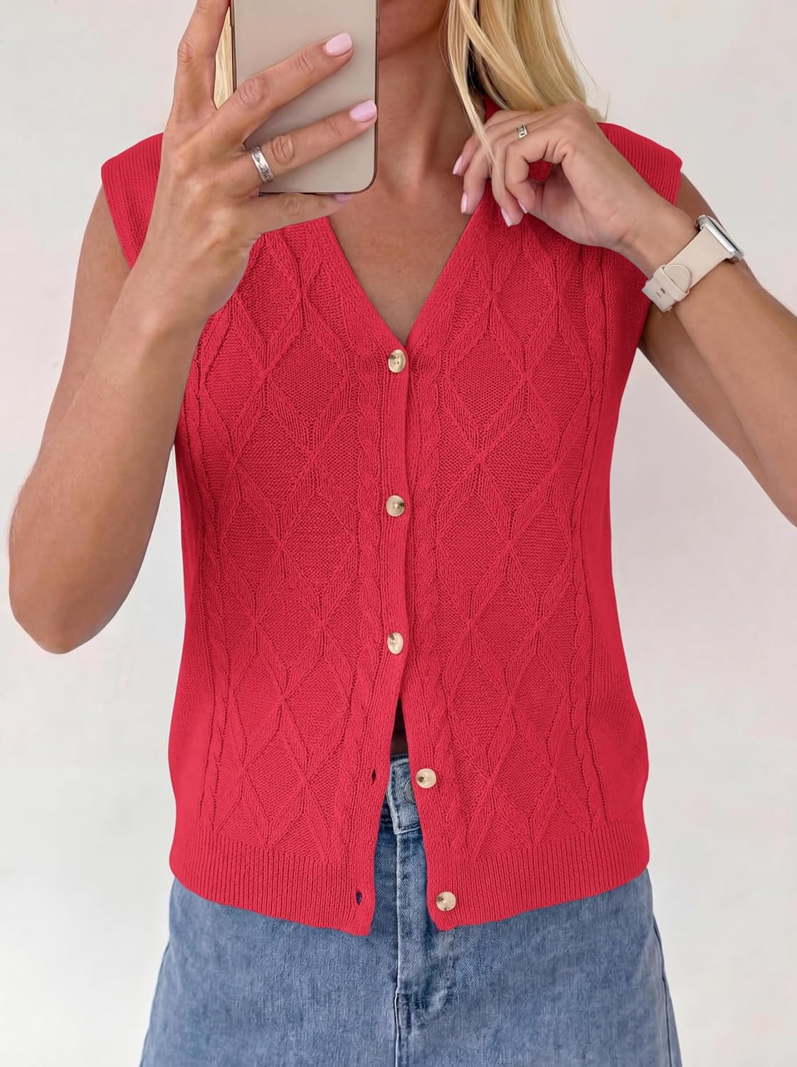image:imageBTFBM Vest Tops for Women Summer V Neck Button Loose Lightweight Cardigan Knit Cap Sleeve Sweater Vests Fashion ClothingRed