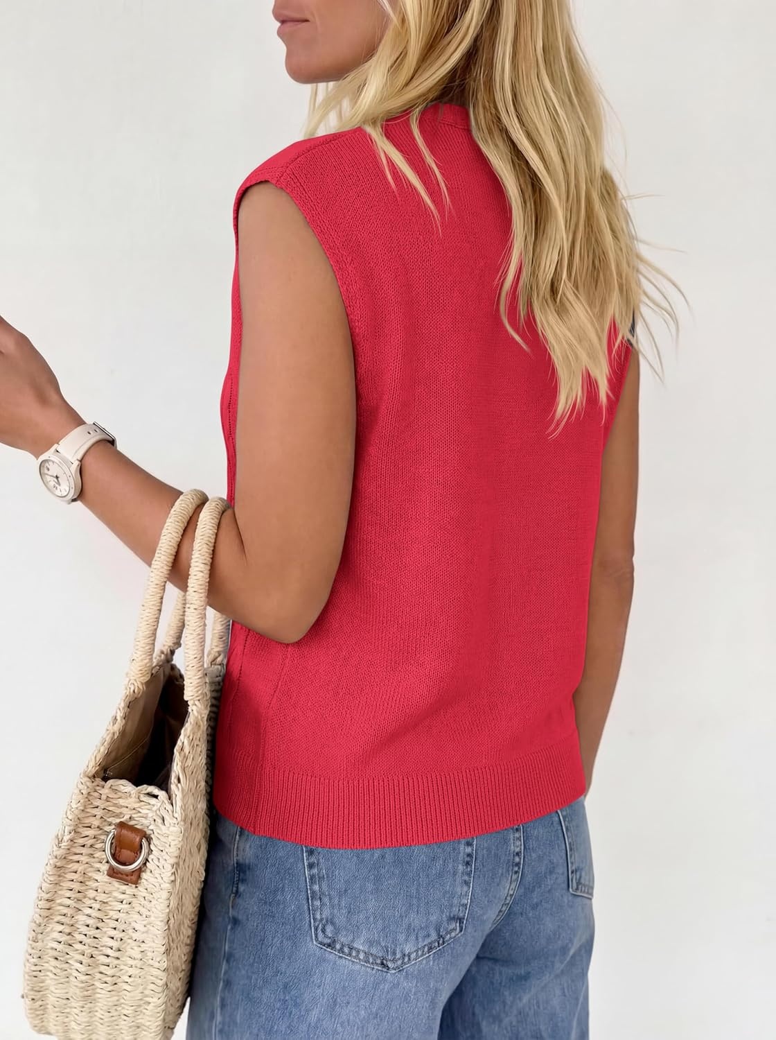 image:imageBTFBM Vest Tops for Women Summer V Neck Button Loose Lightweight Cardigan Knit Cap Sleeve Sweater Vests Fashion ClothingRed