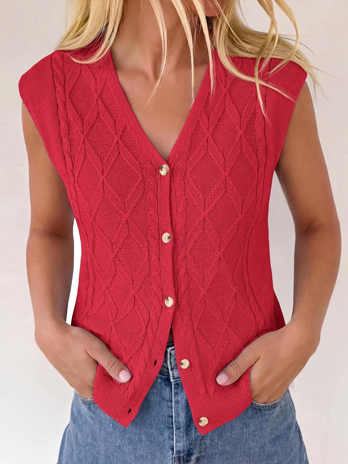 image:imageBTFBM Vest Tops for Women Summer V Neck Button Loose Lightweight Cardigan Knit Cap Sleeve Sweater Vests Fashion ClothingRed