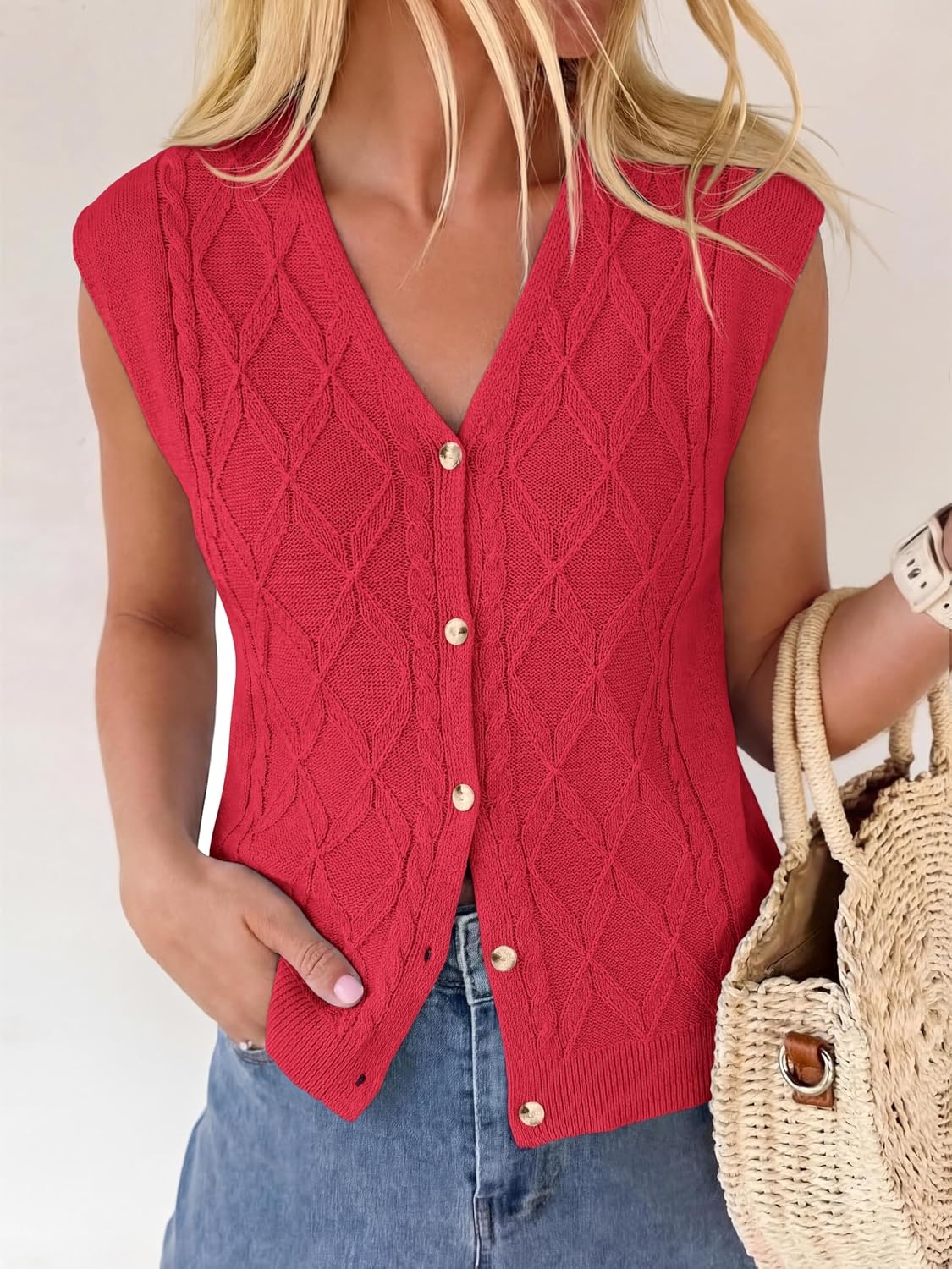 image:imageBTFBM Vest Tops for Women Summer V Neck Button Loose Lightweight Cardigan Knit Cap Sleeve Sweater Vests Fashion ClothingRed