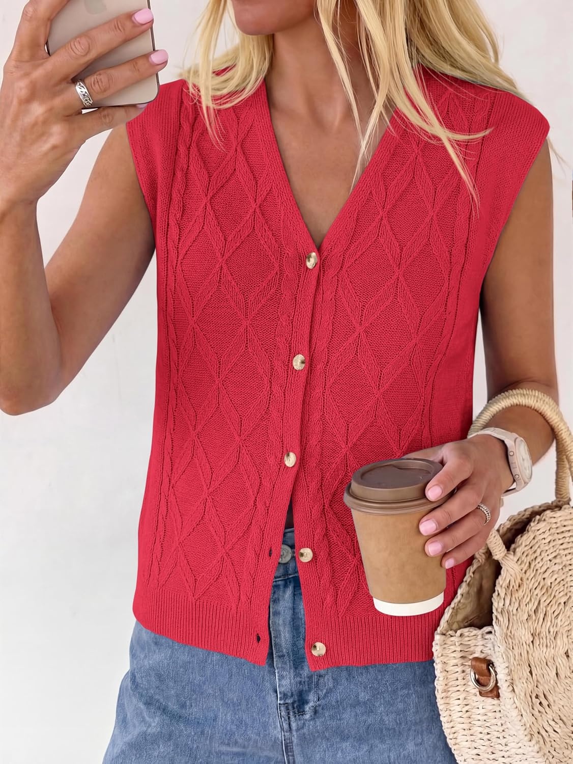 image:imageBTFBM Vest Tops for Women Summer V Neck Button Loose Lightweight Cardigan Knit Cap Sleeve Sweater Vests Fashion ClothingRed