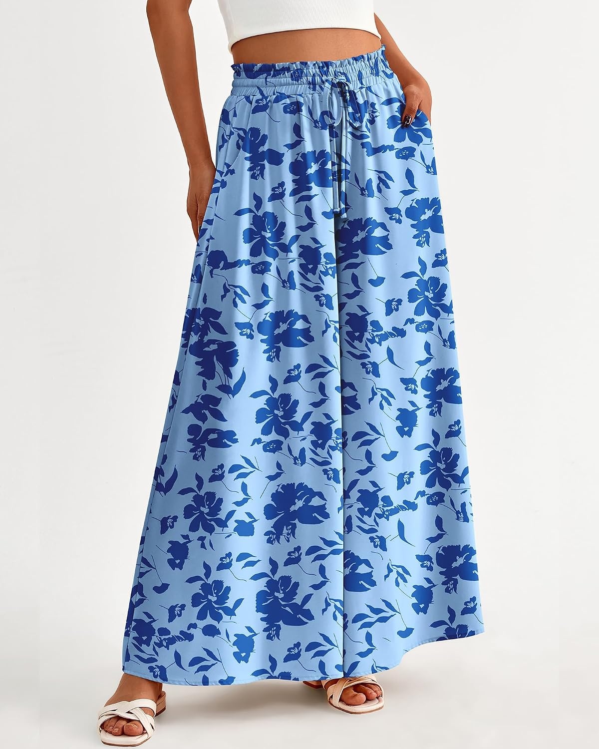 image:imageBTFBM Wide Leg Flowy Palazzo Pants for WomenPrint Blue