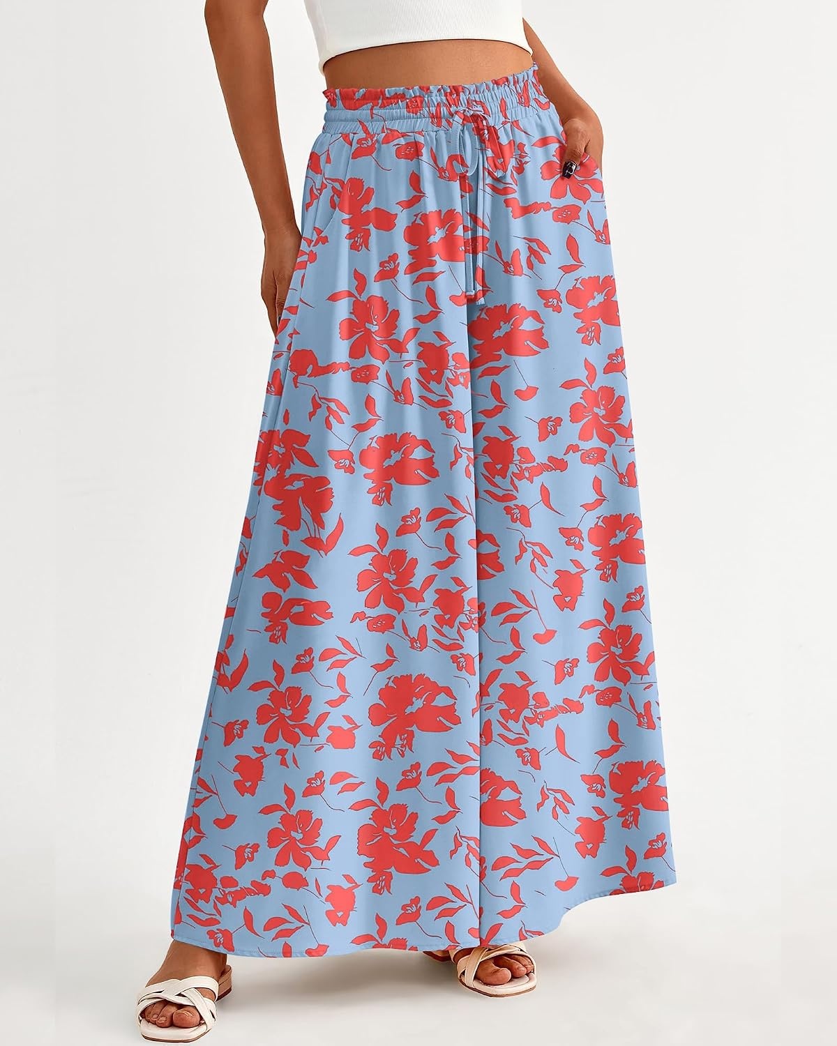 image:imageBTFBM Wide Leg Flowy Palazzo Pants for WomenPrint Light Blue Red