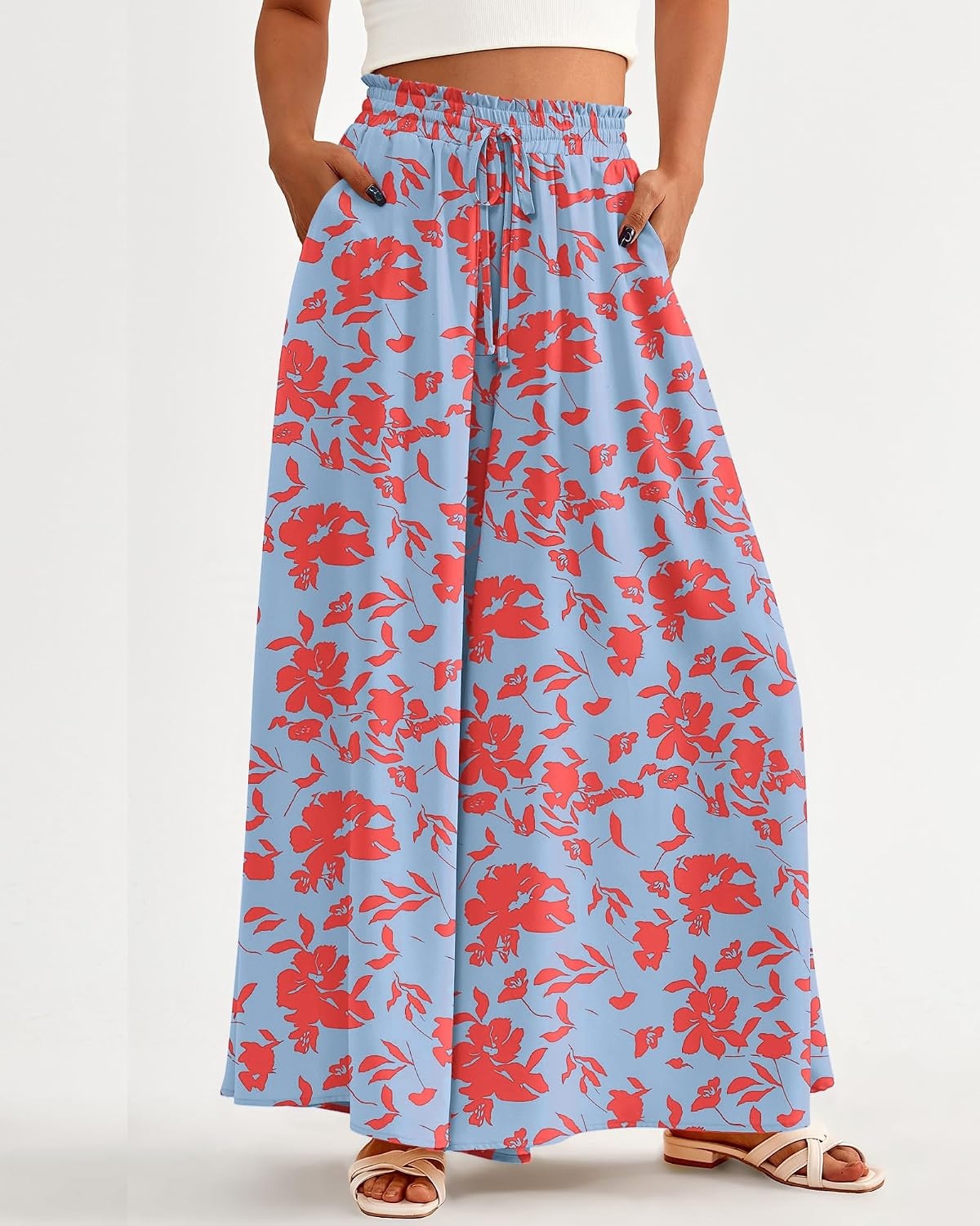 image:imageBTFBM Wide Leg Flowy Palazzo Pants for WomenPrint Light Blue Red