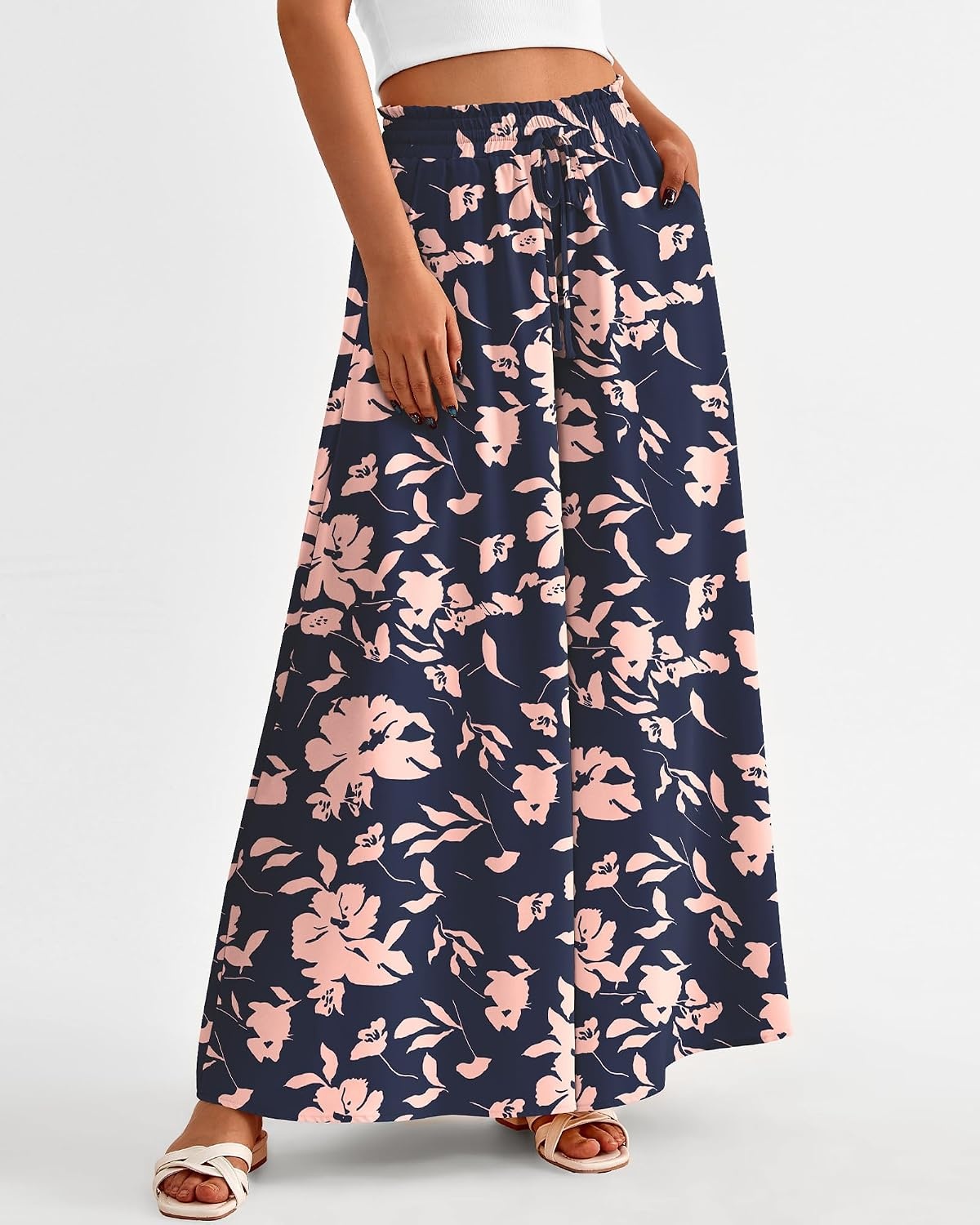 image:imageBTFBM Wide Leg Flowy Palazzo Pants for WomenPrint Navy Pink