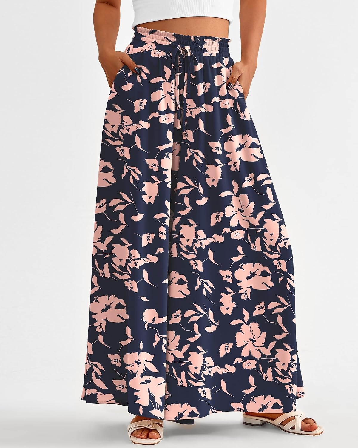 image:imageBTFBM Wide Leg Flowy Palazzo Pants for WomenPrint Navy Pink
