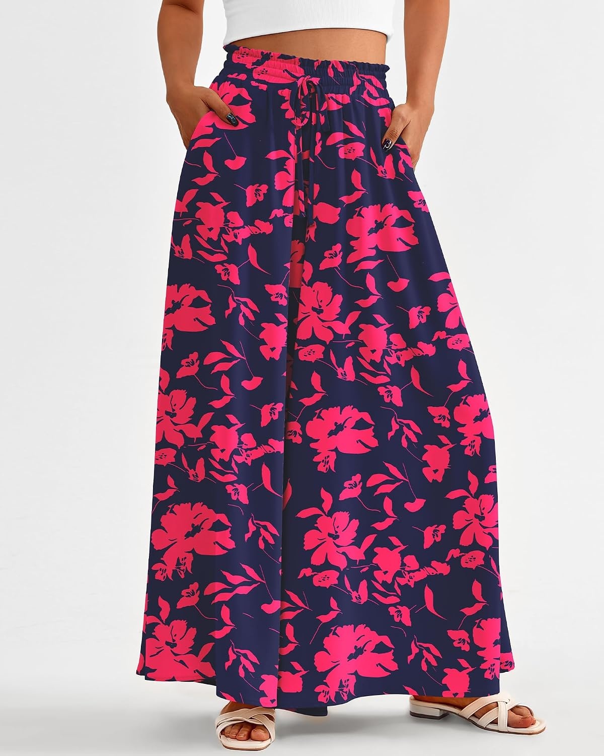 image:imageBTFBM Wide Leg Flowy Palazzo Pants for WomenPrint Navy Rose Red