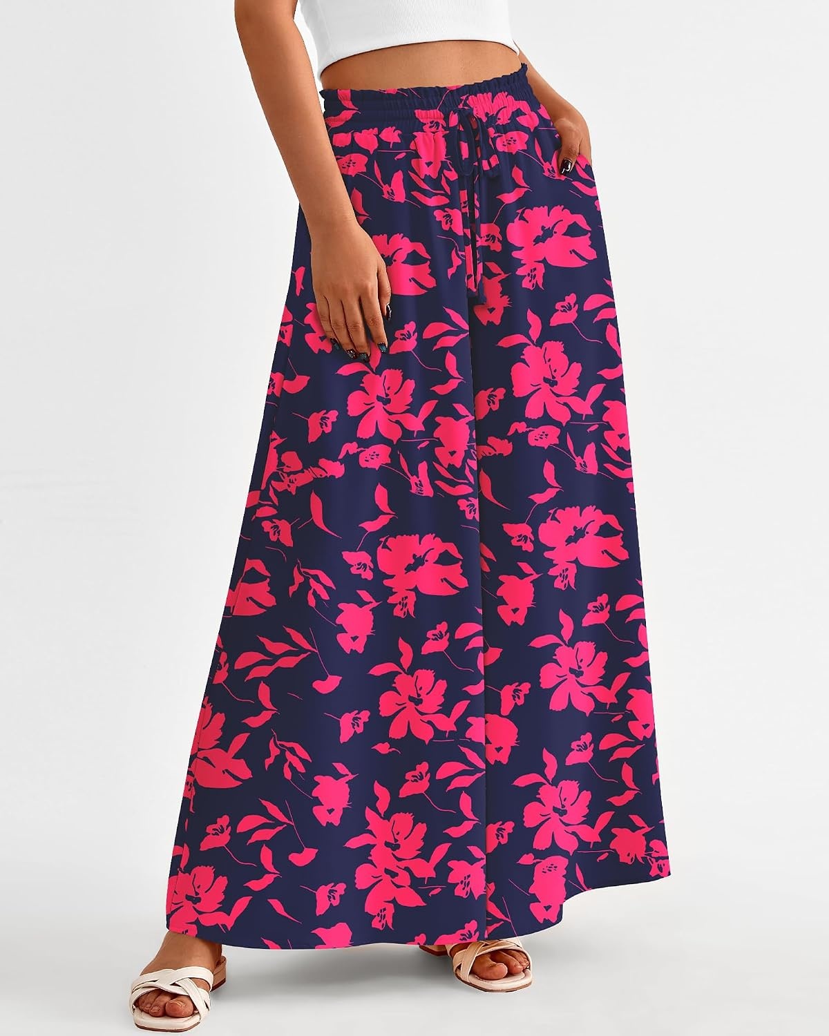 image:imageBTFBM Wide Leg Flowy Palazzo Pants for WomenPrint Navy Rose Red