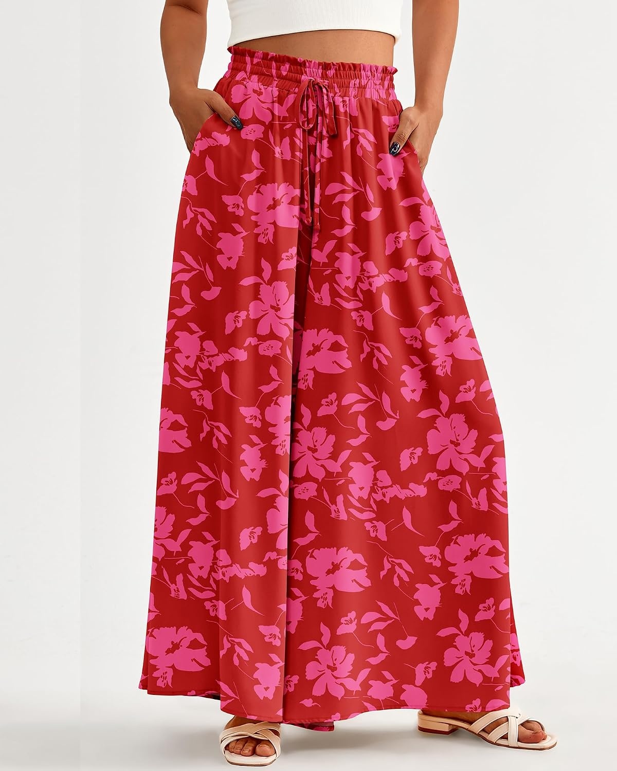image:imageBTFBM Wide Leg Flowy Palazzo Pants for WomenPrint Red