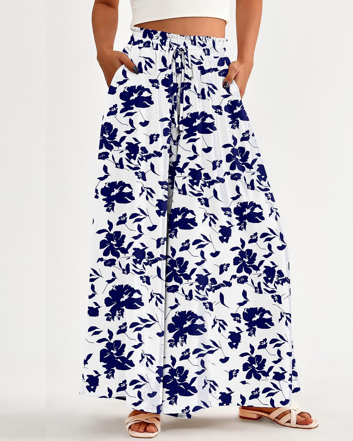 image:imageBTFBM Wide Leg Flowy Palazzo Pants for WomenPrint White Blue