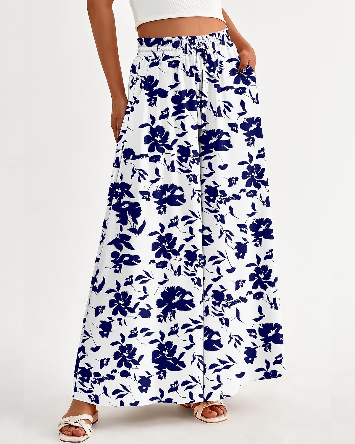 image:imageBTFBM Wide Leg Flowy Palazzo Pants for WomenPrint White Blue