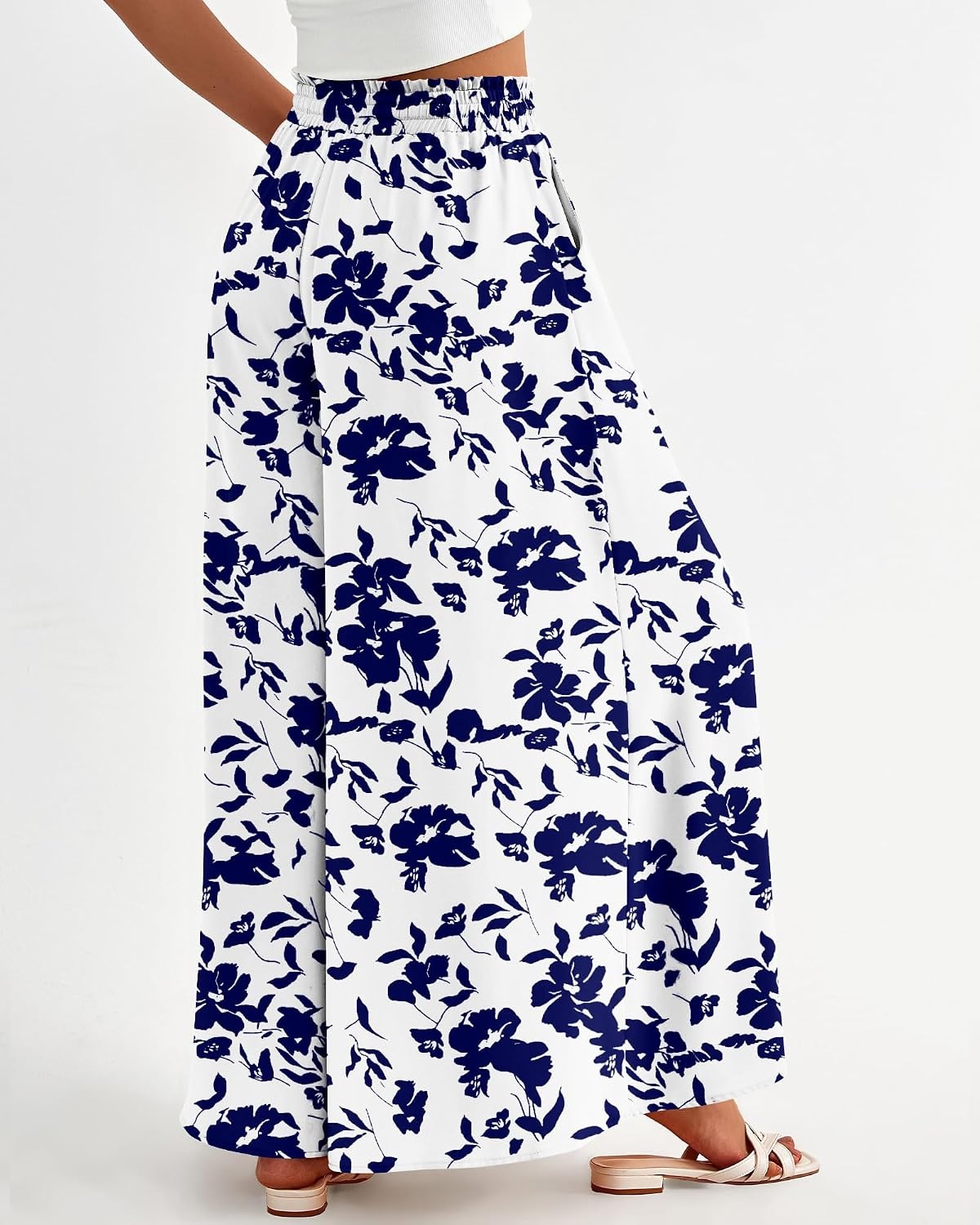 image:imageBTFBM Wide Leg Flowy Palazzo Pants for WomenPrint White Blue