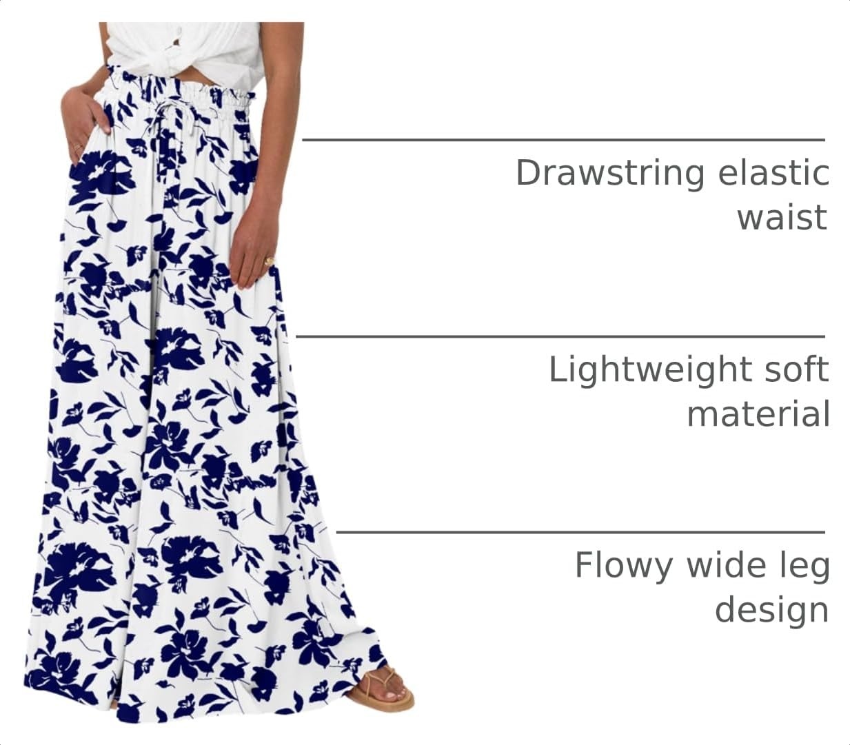 image:imageBTFBM Wide Leg Flowy Palazzo Pants for WomenPrint White Blue