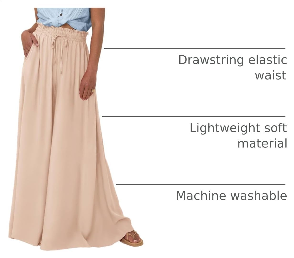 image:imageBTFBM Wide Leg Flowy Palazzo Pants for WomenSolid Beige