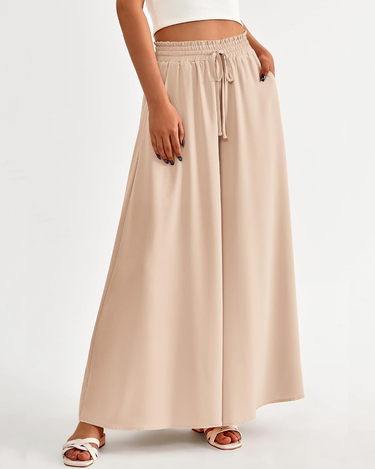image:imageBTFBM Wide Leg Flowy Palazzo Pants for WomenSolid Beige