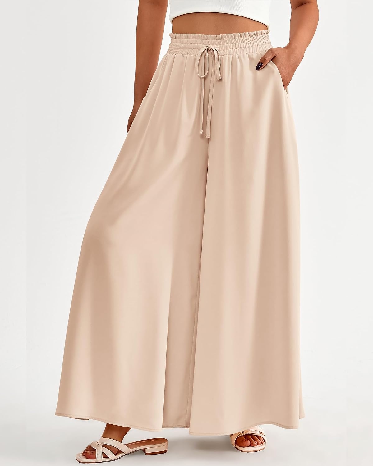 image:imageBTFBM Wide Leg Flowy Palazzo Pants for WomenSolid Beige