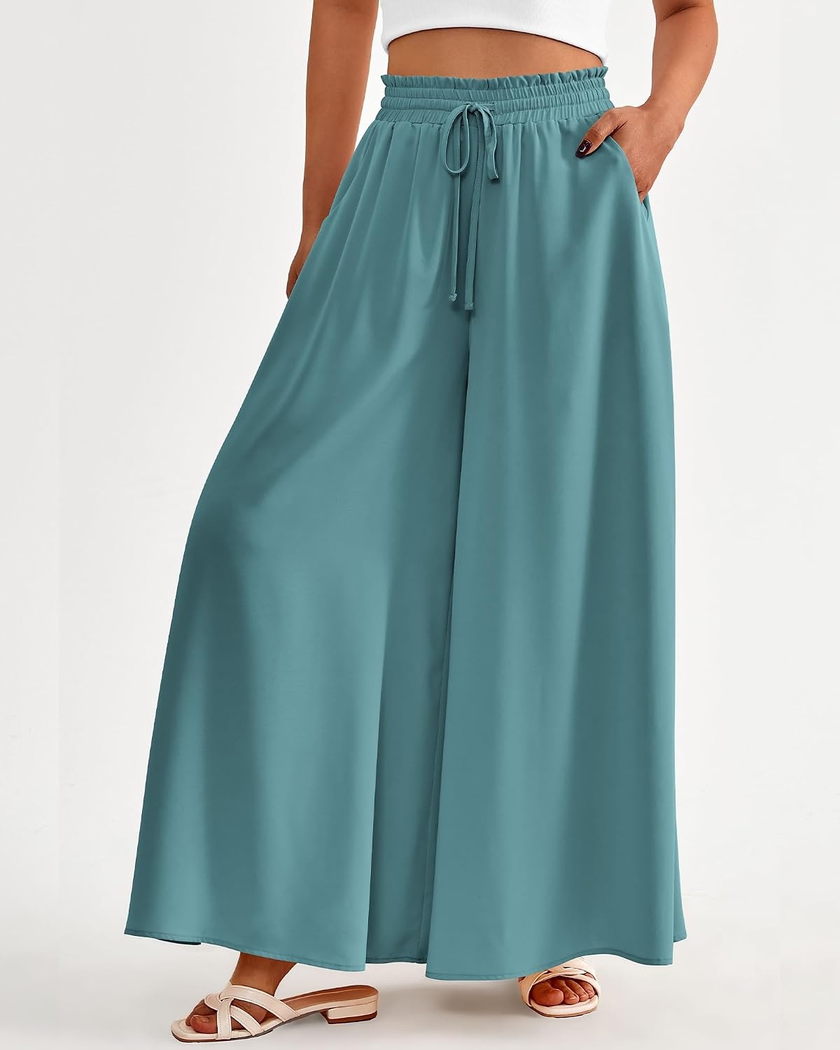 image:imageBTFBM Wide Leg Flowy Palazzo Pants for WomenSolid Blue Green