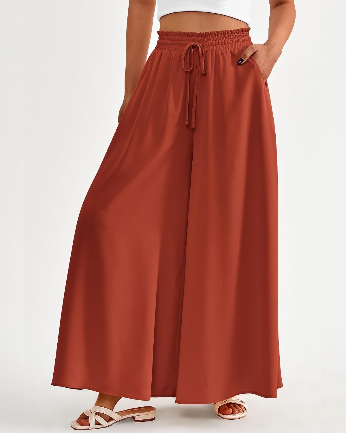 image:imageBTFBM Wide Leg Flowy Palazzo Pants for WomenSolid Brick Red