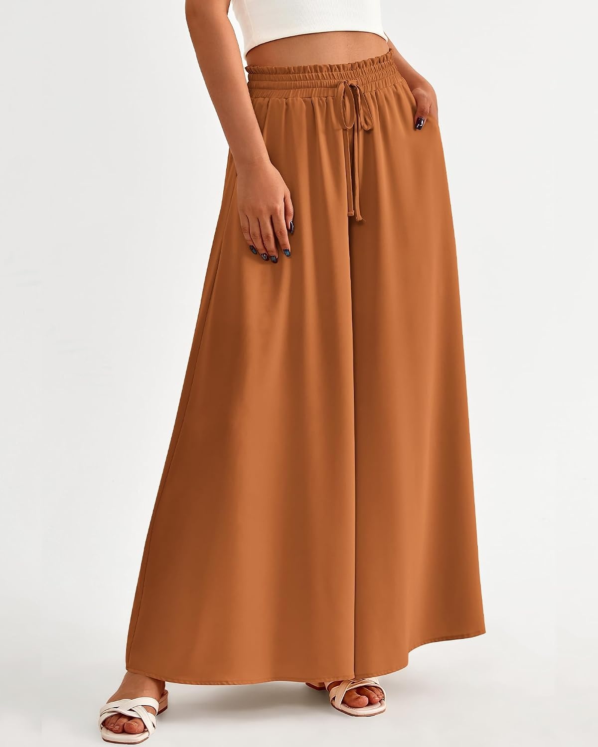 image:imageBTFBM Wide Leg Flowy Palazzo Pants for WomenSolid Brown