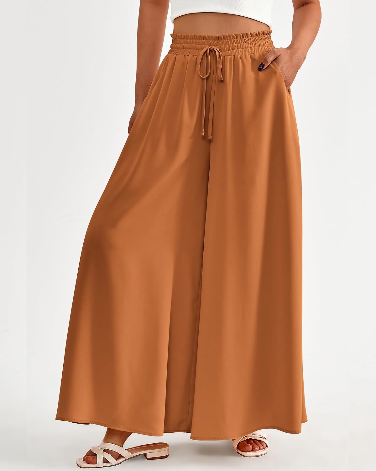 image:imageBTFBM Wide Leg Flowy Palazzo Pants for WomenSolid Brown