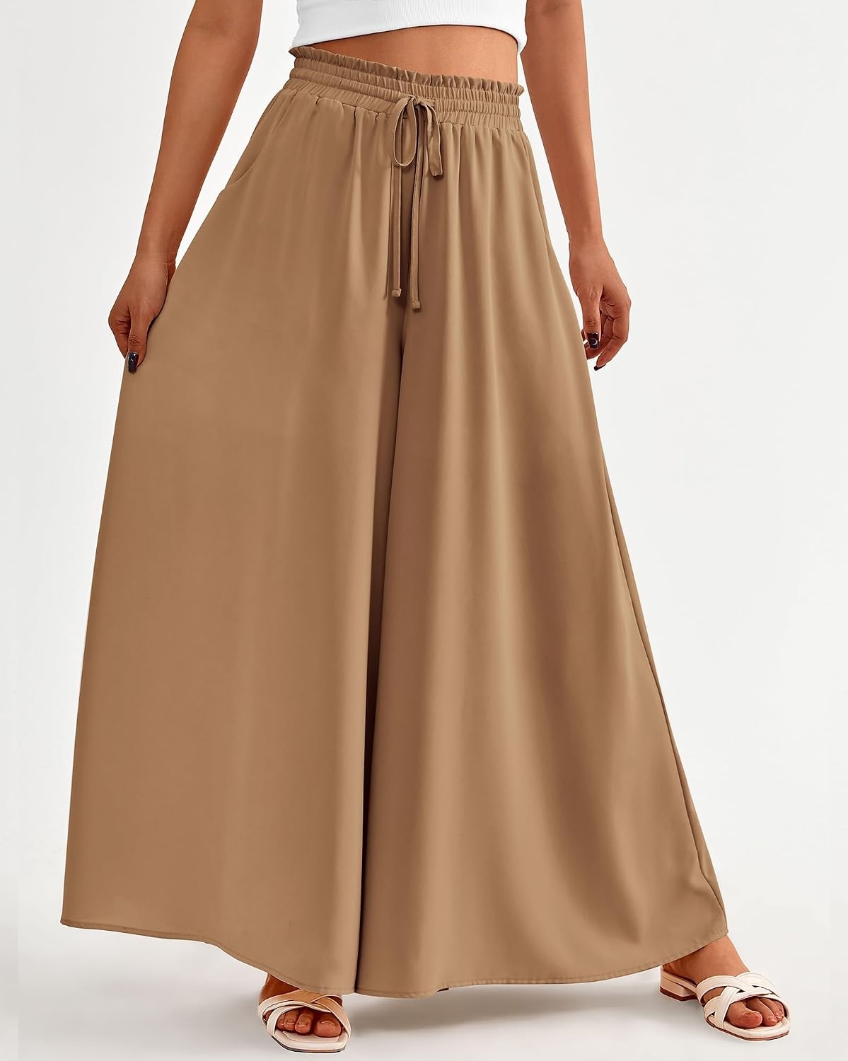 image:imageBTFBM Wide Leg Flowy Palazzo Pants for WomenSolid Khaki