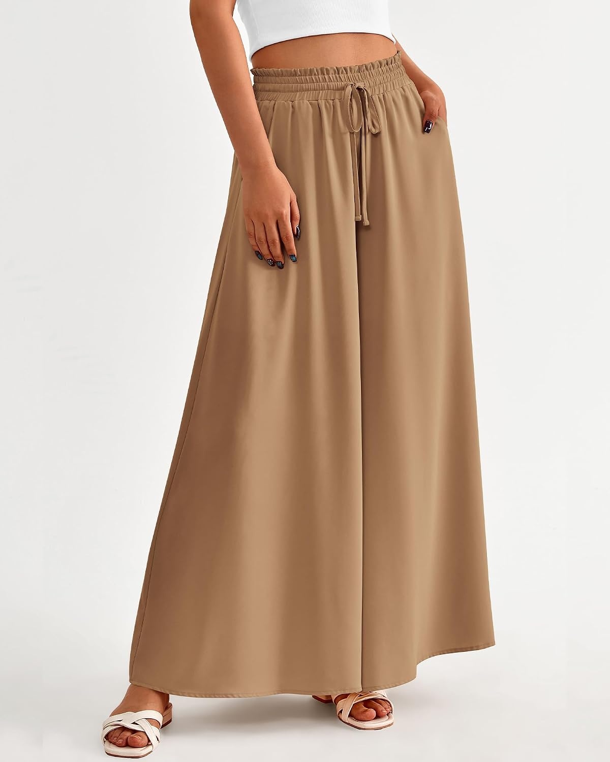 image:imageBTFBM Wide Leg Flowy Palazzo Pants for WomenSolid Khaki