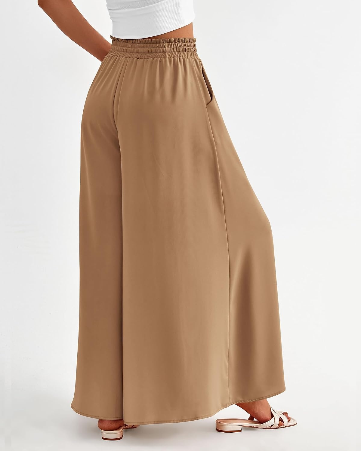 image:imageBTFBM Wide Leg Flowy Palazzo Pants for WomenSolid Khaki