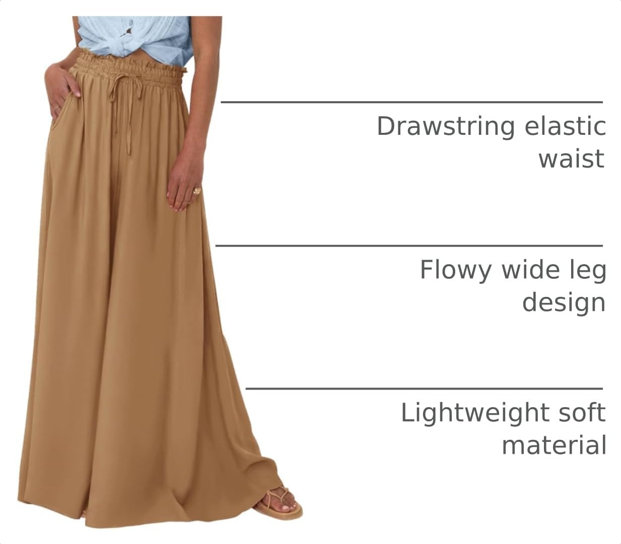 image:imageBTFBM Wide Leg Flowy Palazzo Pants for WomenSolid Khaki