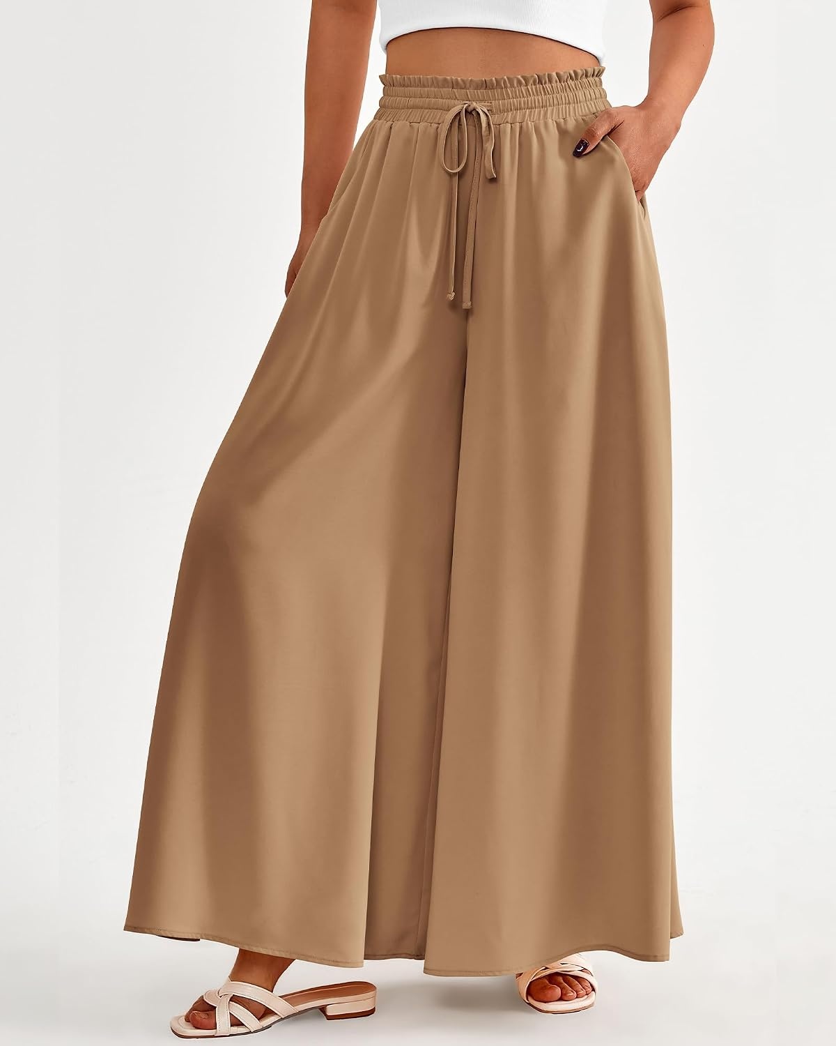 image:imageBTFBM Wide Leg Flowy Palazzo Pants for WomenSolid Khaki