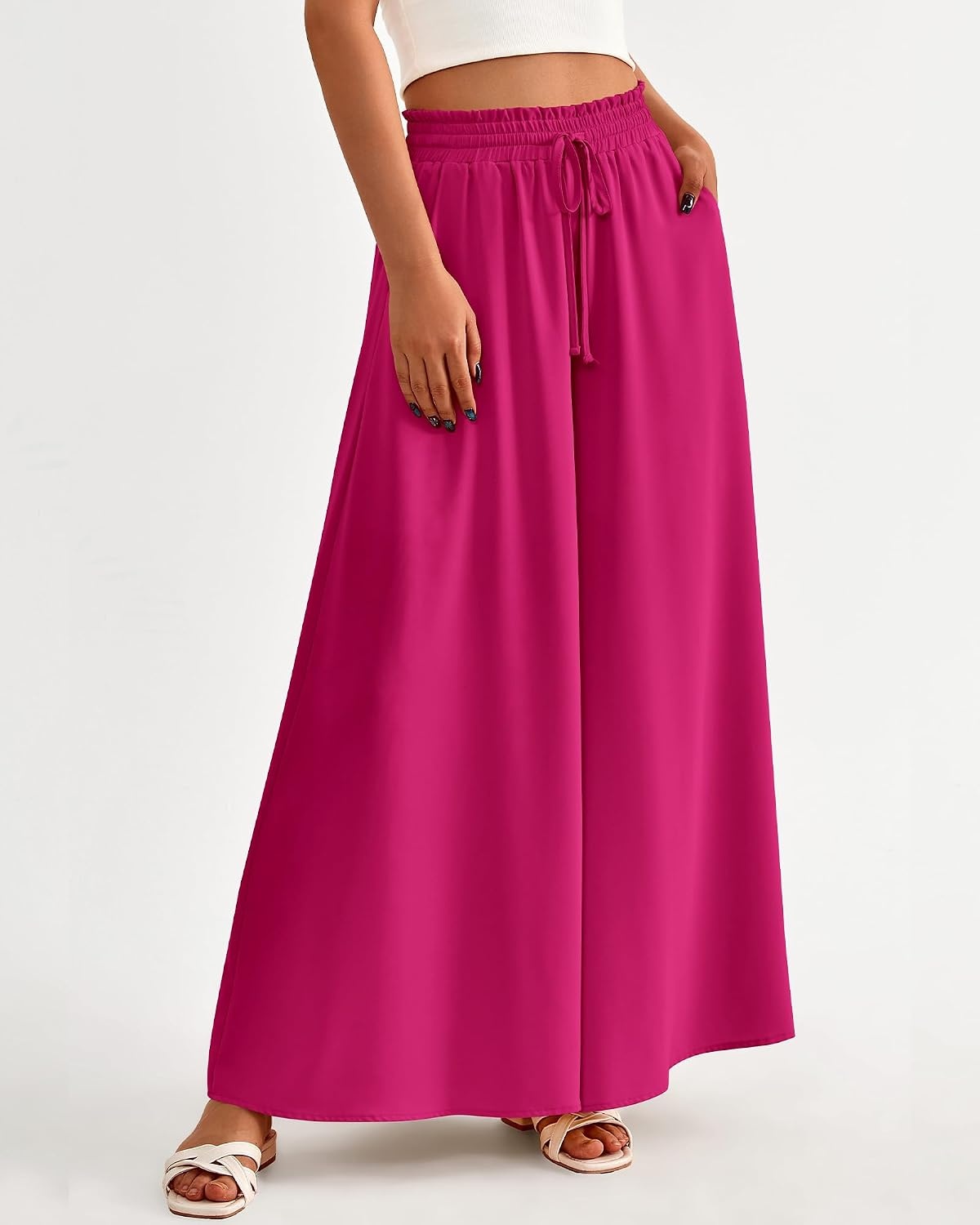 image:imageBTFBM Wide Leg Flowy Palazzo Pants for WomenSolid Rose Red