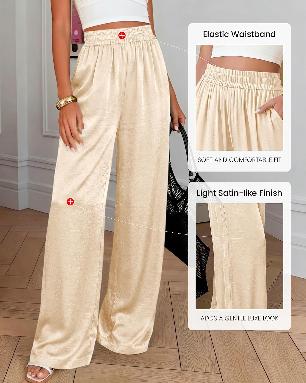 image:imageBTFBM Wide Leg Pants Woman Summer 2026 Pockets Dressy Flowy Lightweight Glitter Satin Palazzo Beach Vacation ClothesBeige