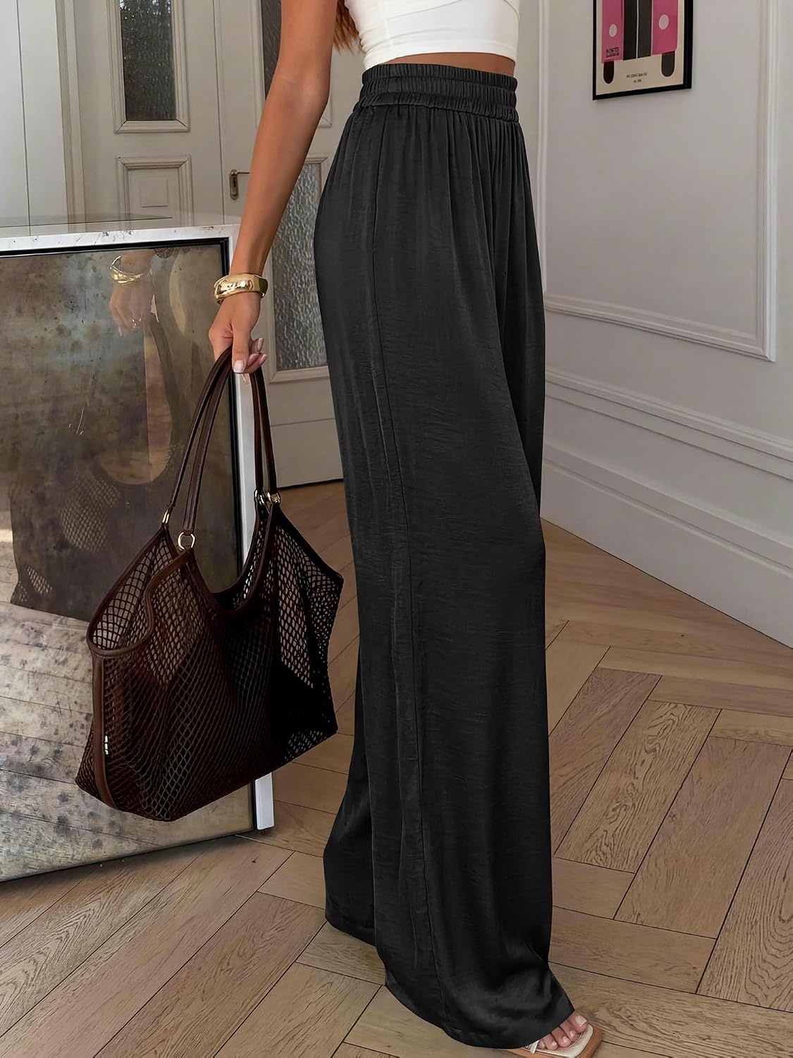 image:imageBTFBM Wide Leg Pants Woman Summer 2026 Pockets Dressy Flowy Lightweight Glitter Satin Palazzo Beach Vacation ClothesBlack