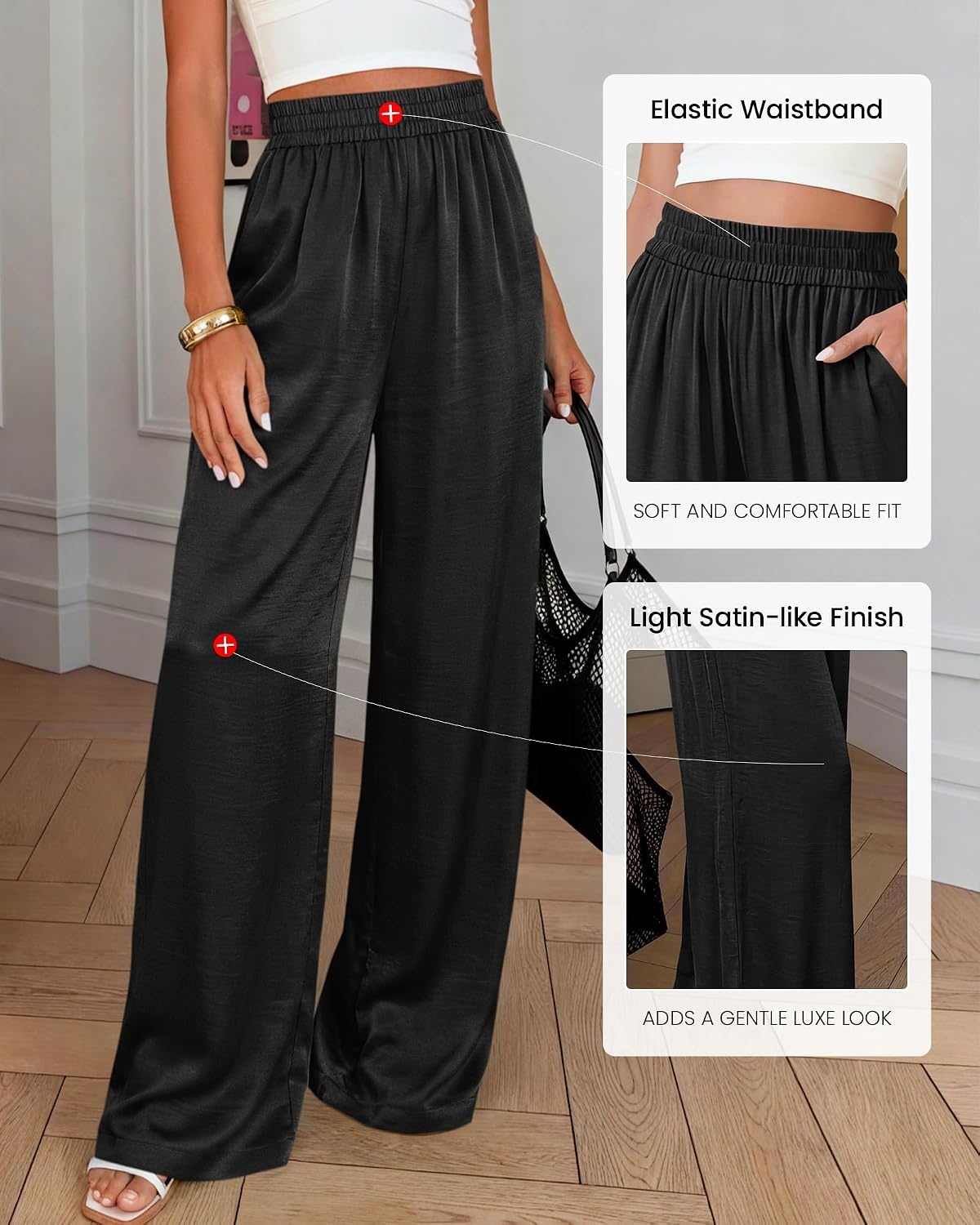 image:imageBTFBM Wide Leg Pants Woman Summer 2026 Pockets Dressy Flowy Lightweight Glitter Satin Palazzo Beach Vacation ClothesBlack
