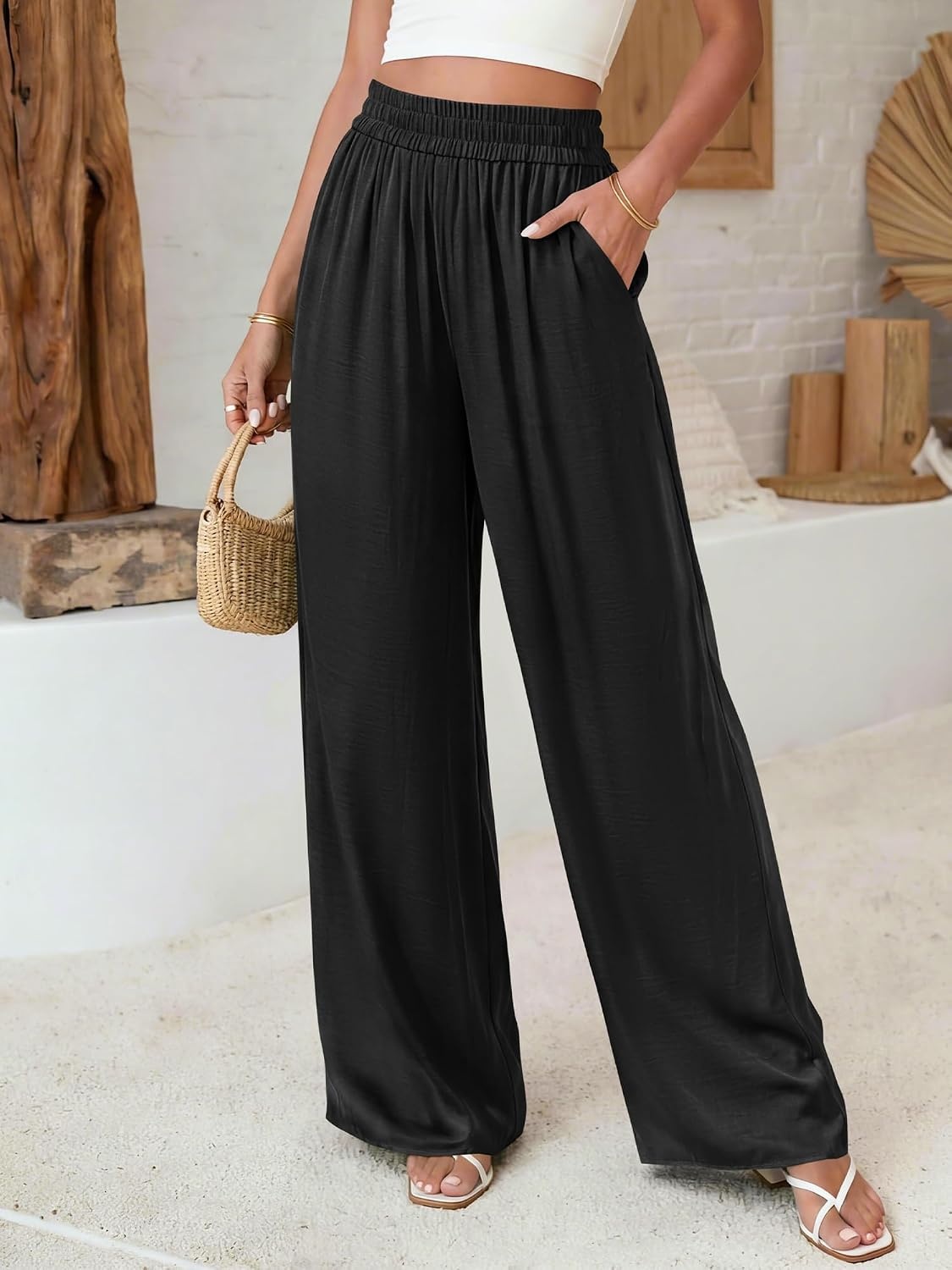 image:imageBTFBM Wide Leg Pants Woman Summer 2026 Pockets Dressy Flowy Lightweight Glitter Satin Palazzo Beach Vacation ClothesBlack
