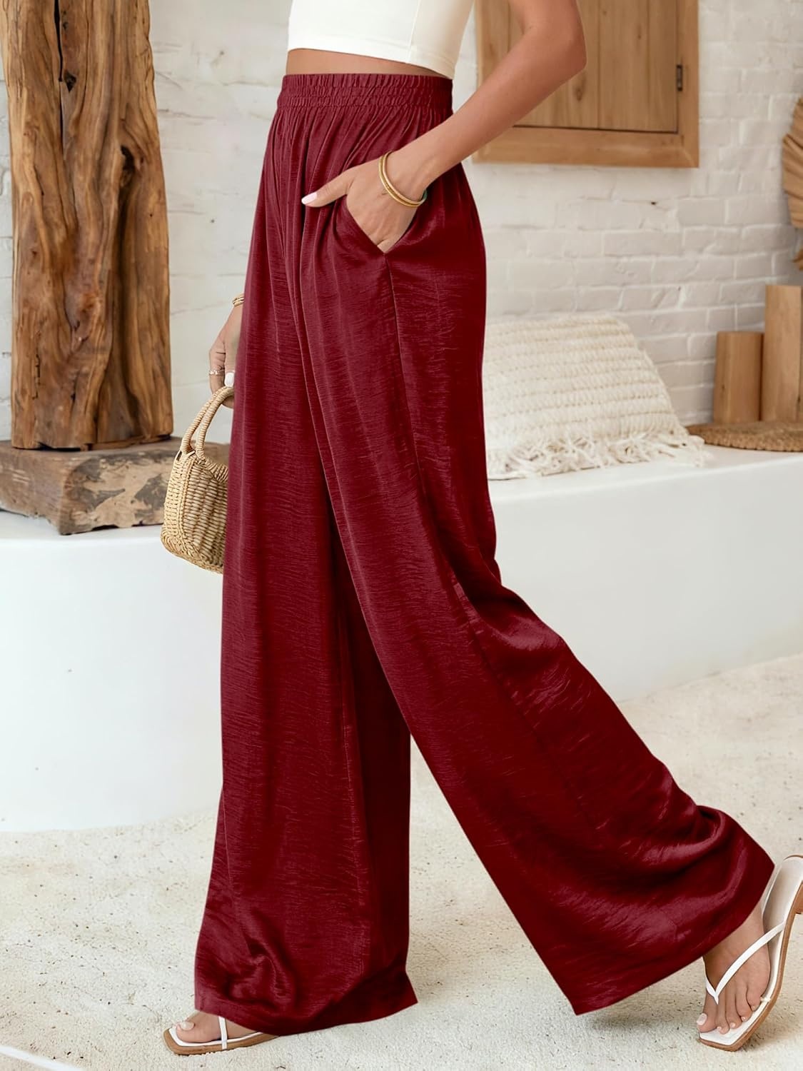 image:imageBTFBM Wide Leg Pants Woman Summer 2026 Pockets Dressy Flowy Lightweight Glitter Satin Palazzo Beach Vacation ClothesBurgundy