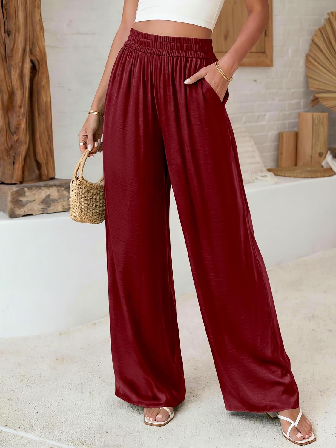 image:imageBTFBM Wide Leg Pants Woman Summer 2026 Pockets Dressy Flowy Lightweight Glitter Satin Palazzo Beach Vacation ClothesBurgundy