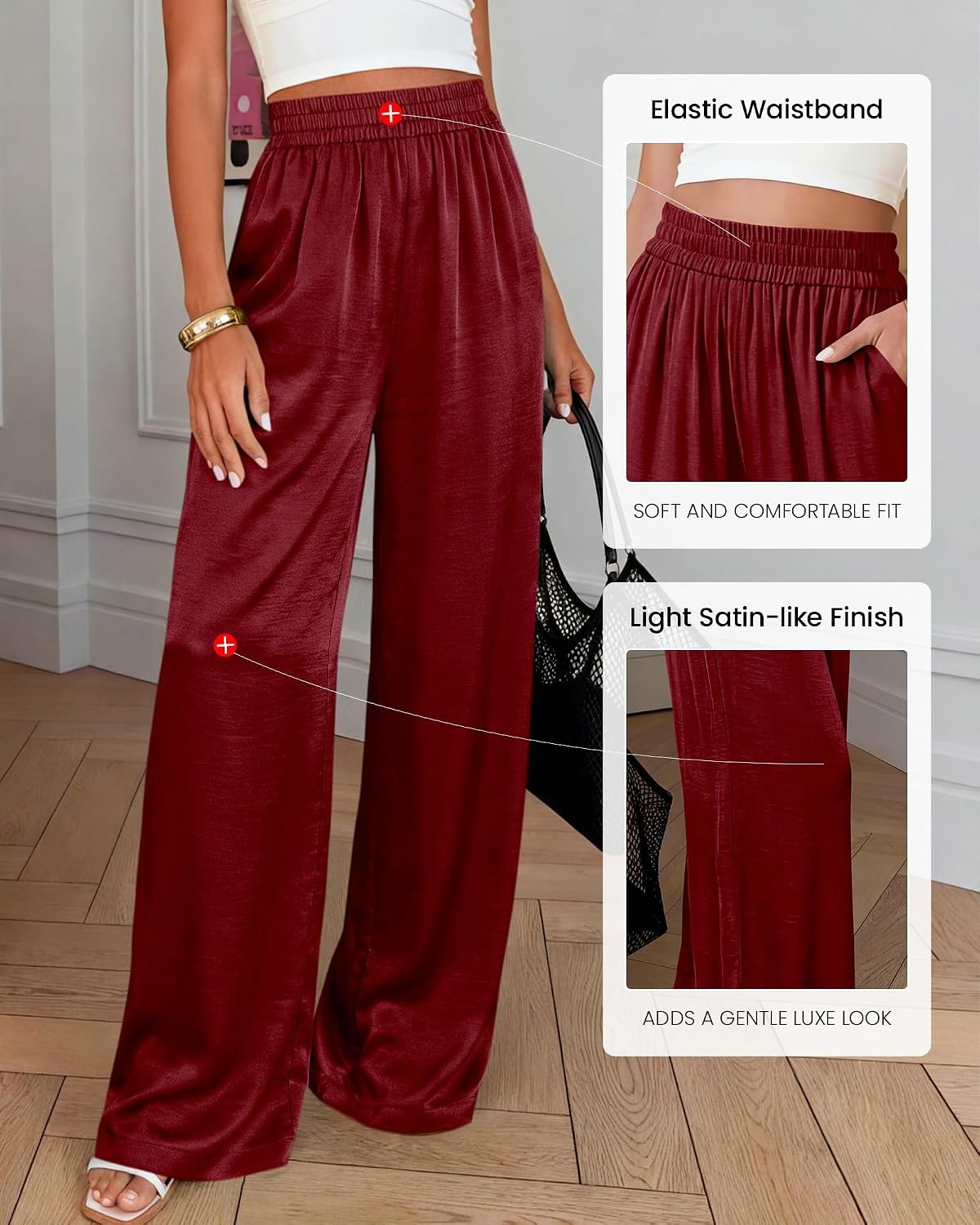 image:imageBTFBM Wide Leg Pants Woman Summer 2026 Pockets Dressy Flowy Lightweight Glitter Satin Palazzo Beach Vacation ClothesBurgundy