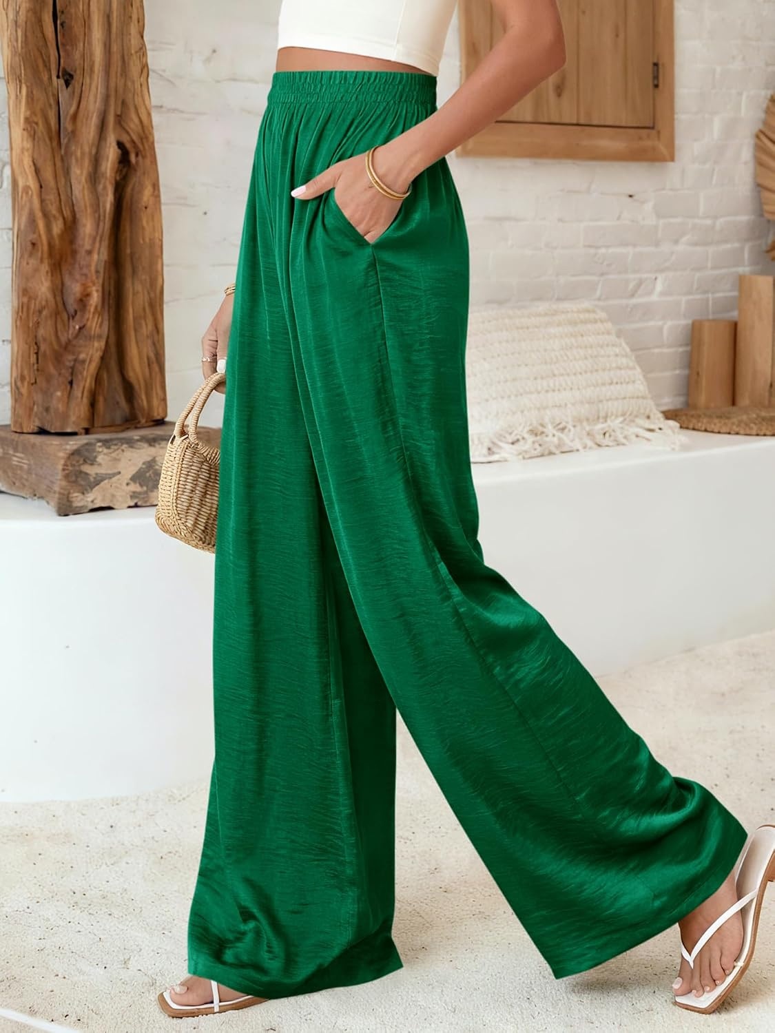 image:imageBTFBM Wide Leg Pants Woman Summer 2026 Pockets Dressy Flowy Lightweight Glitter Satin Palazzo Beach Vacation ClothesGreen