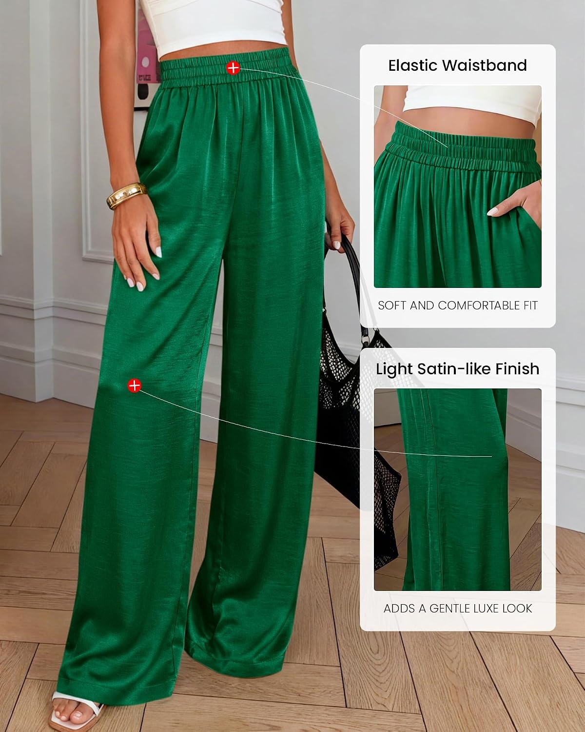image:imageBTFBM Wide Leg Pants Woman Summer 2026 Pockets Dressy Flowy Lightweight Glitter Satin Palazzo Beach Vacation ClothesGreen